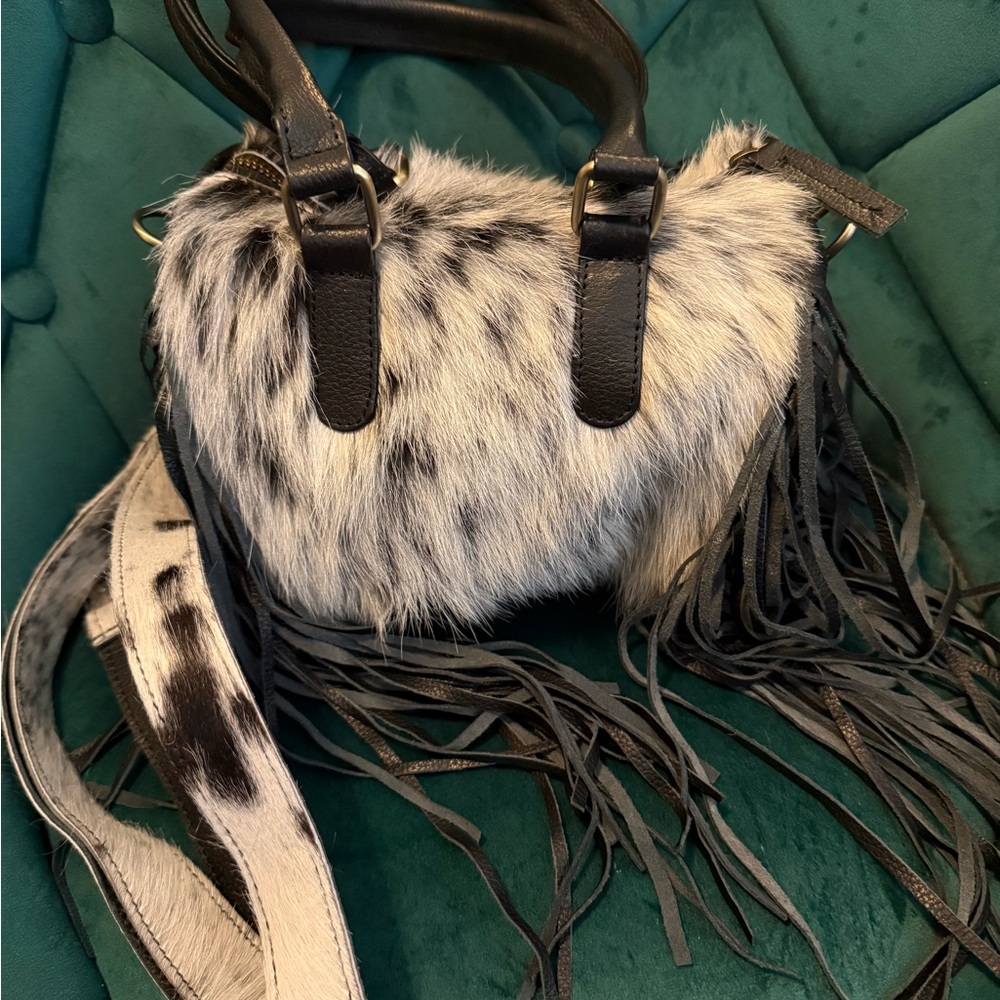 Fur Fringe Crossbody Bag - Black and White